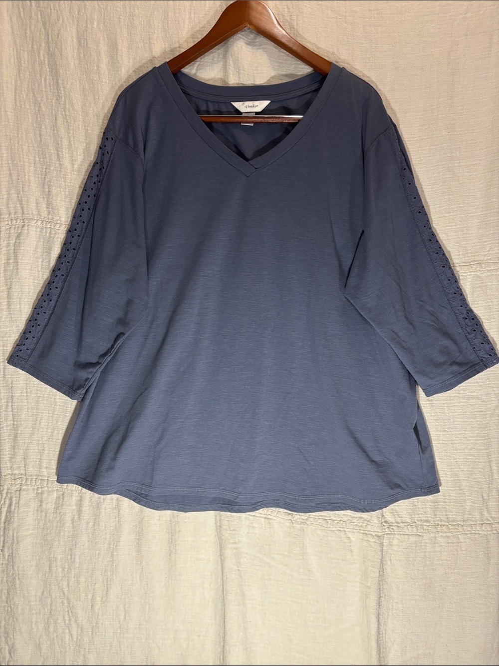 CJ Banks Slate Blue V-Neck Eyelet Sleeve Tunic Cotton Blend